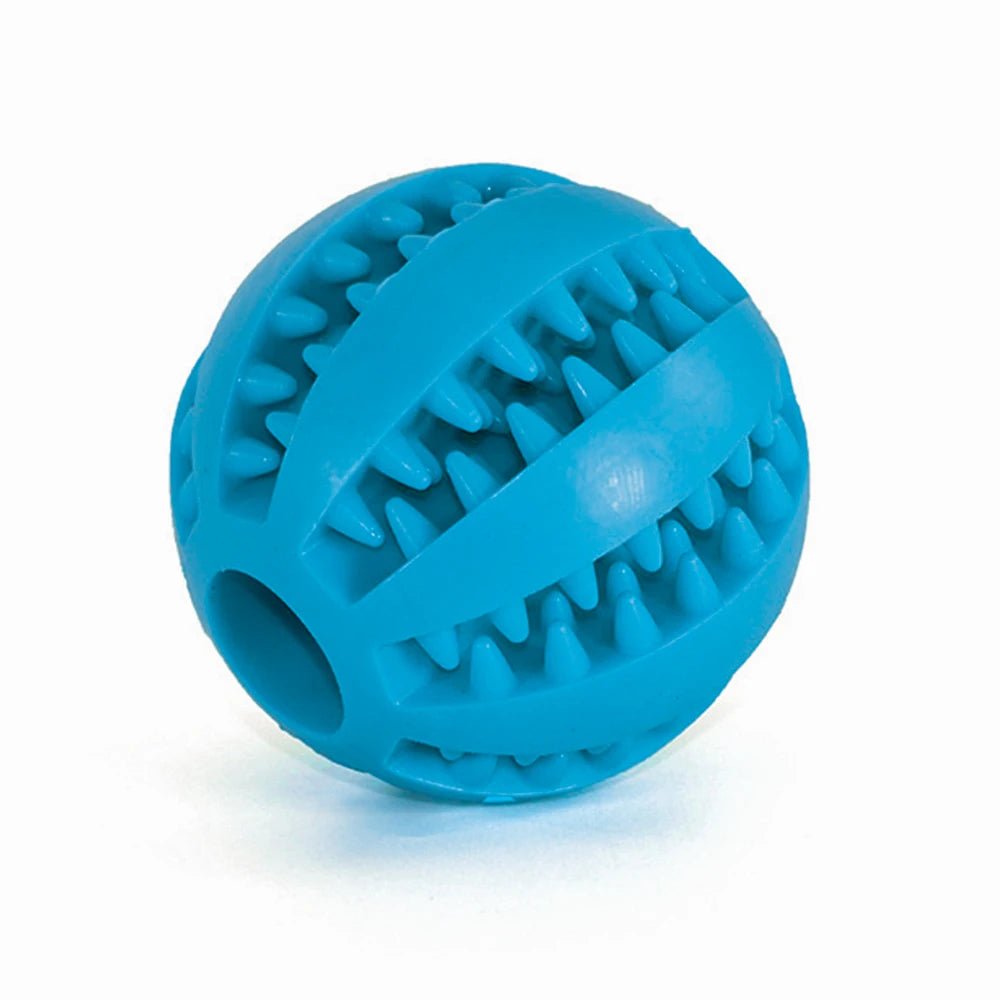 a blue rubber ball with teeth on a white background