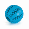 a blue rubber ball with teeth on a white background