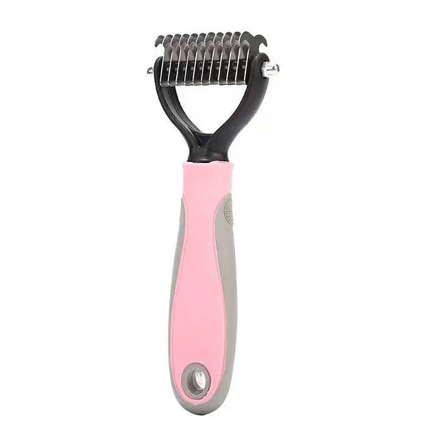 a pink and black comb with a black handle