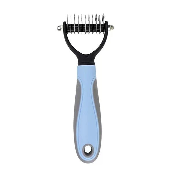 a blue and black comb with a black handle